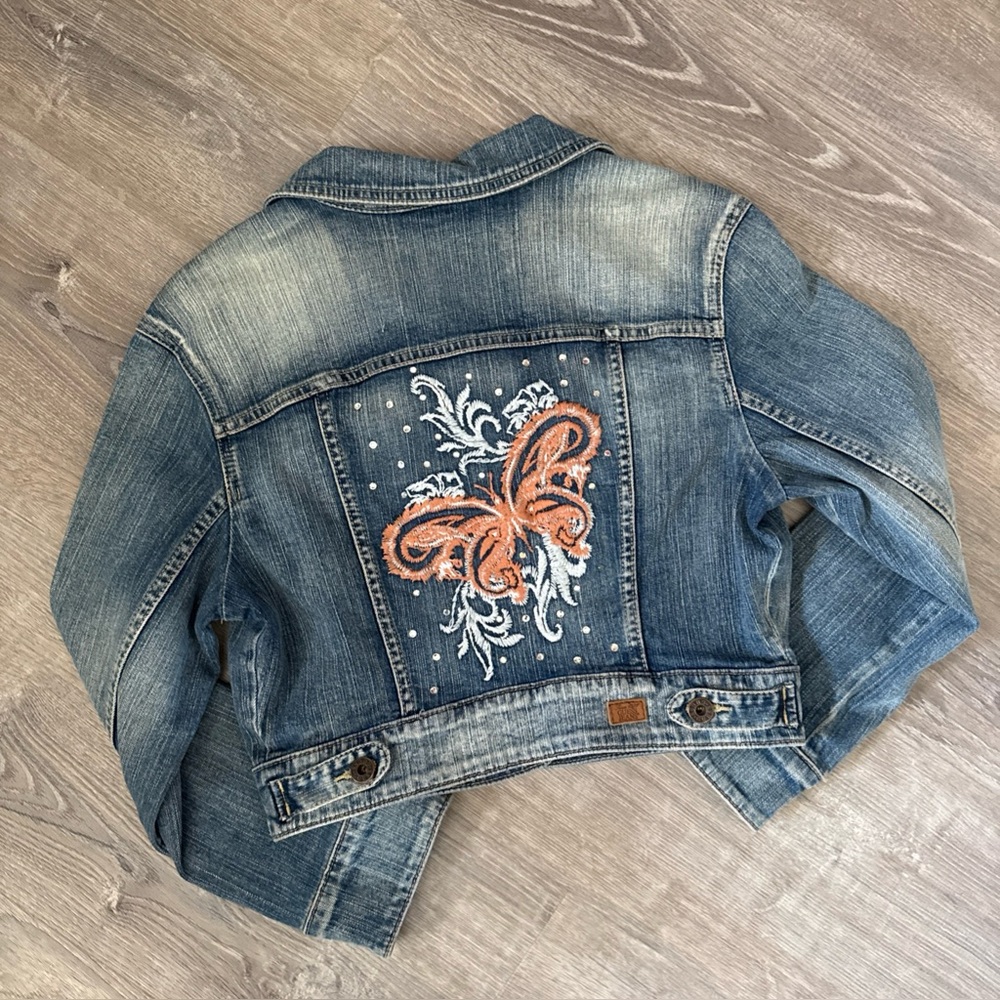 Guess Jeans Authentic stretch denim embroidered crop jacket size L